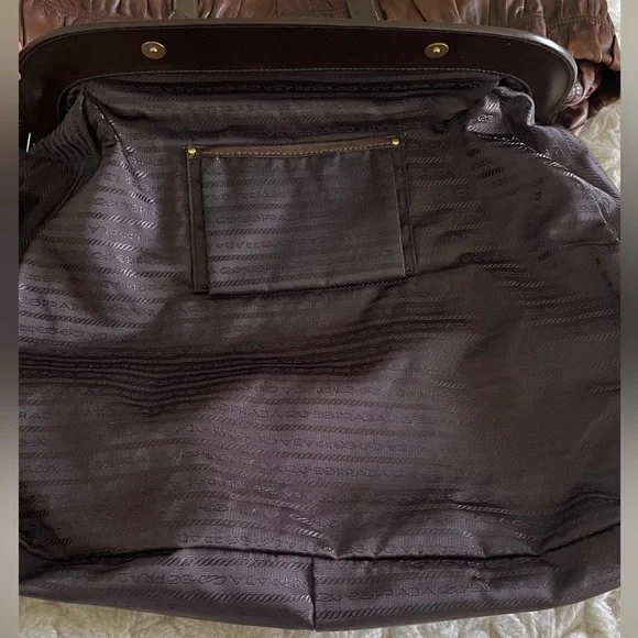 PRADA Nappa Gaufre Ruched Frame Large Bag Brown Soft Leather Tote Purse - Picture 9 of 16